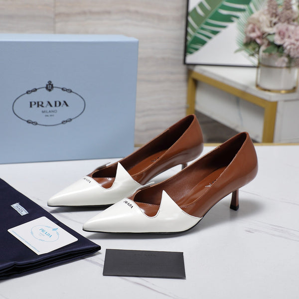 Prada Two-Tone Brushed Pumps 55mm Chocolate White Cowhide 456263