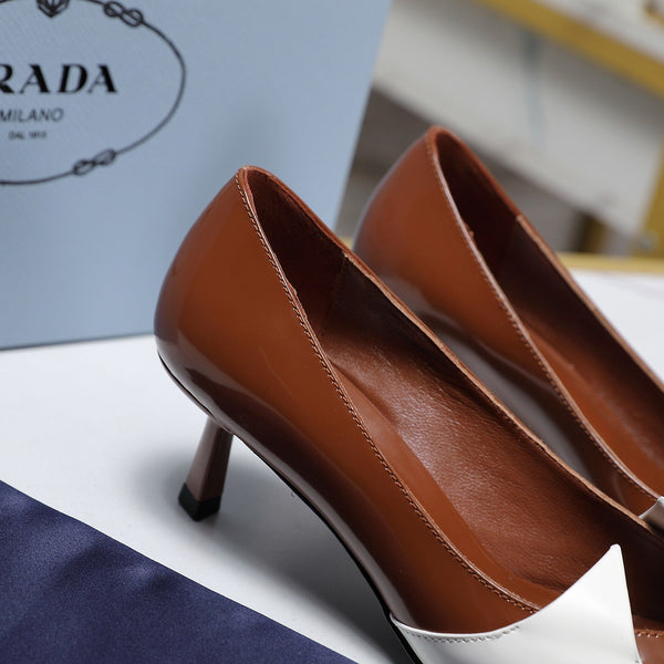 Prada Two-Tone Brushed Pumps 55mm Chocolate White Cowhide 456263