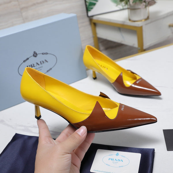 Prada Two-Tone Brushed Pumps 55mm Chocolate Yellow Cowhide 456264