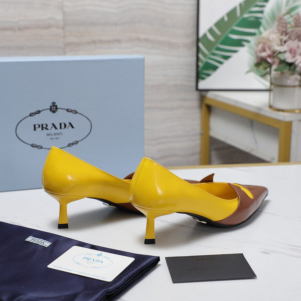 Prada Two-Tone Brushed Pumps 55mm Chocolate Yellow Cowhide 456264
