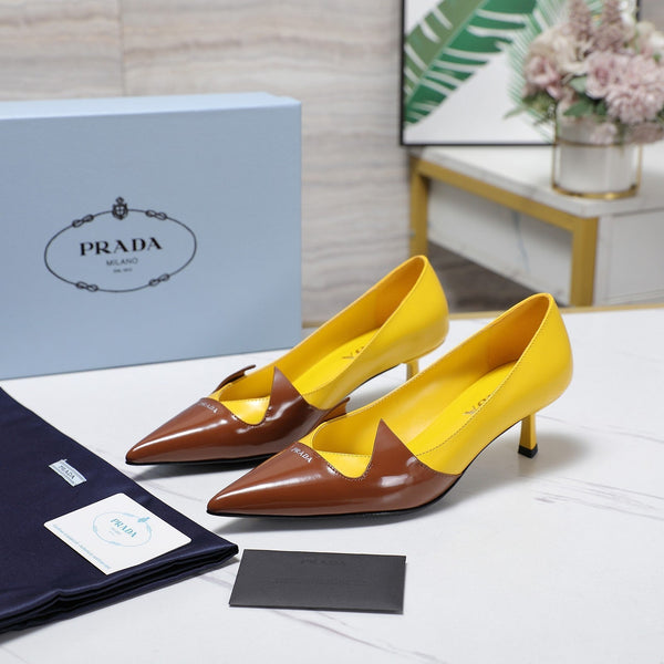 Prada Two-Tone Brushed Pumps 55mm Chocolate Yellow Cowhide 456264