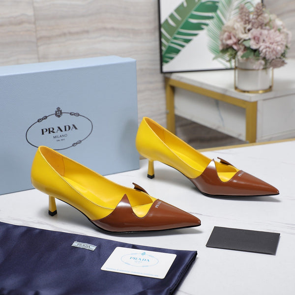 Prada Two-Tone Brushed Pumps 55mm Chocolate Yellow Cowhide 456264