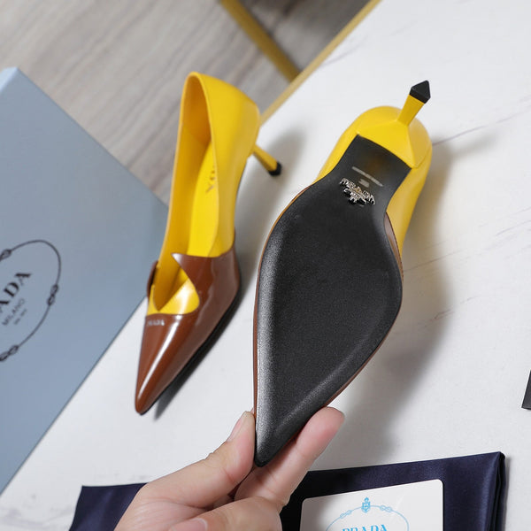 Prada Two-Tone Brushed Pumps 55mm Chocolate Yellow Cowhide 456264