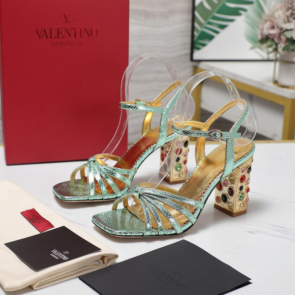 Sandali con tacco a diamante VT 2025 in pelle di vacchetta verde 289514