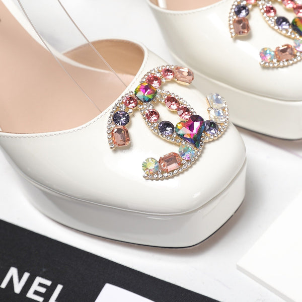 CC 25s Multicolor Stones Buckle Sandals 110mm White Patent Leather & Sheepskin 425825