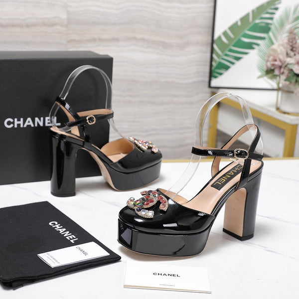 CC 25s Multicolor Stones Buckle Sandals 110mm Black Patent Leather & Sheepskin 425827