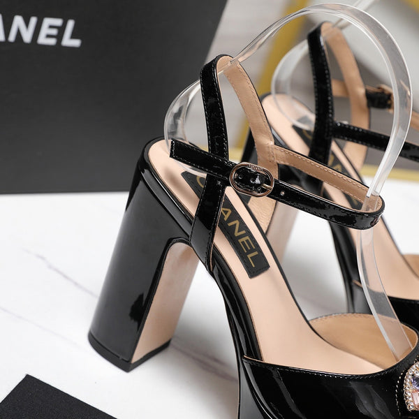 CC 25s Multicolor Stones Buckle Sandals 110mm Black Patent Leather & Sheepskin 425827