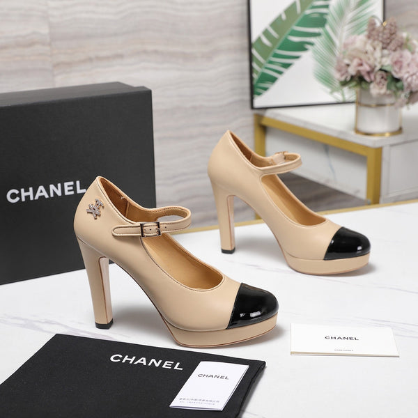 CC Buckle Platform Pumps 100mm Black Beige Lambskin 425880