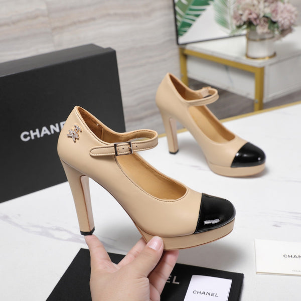 CC Buckle Platform Pumps 100mm Black Beige Lambskin 425880