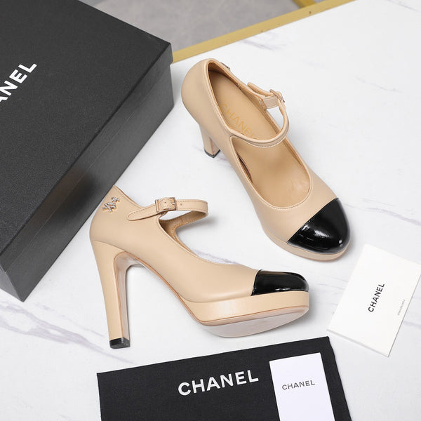 CC Buckle Platform Pumps 100mm Black Beige Lambskin 425880