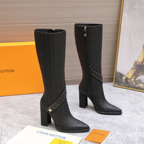 LV x Silhouette Basketweave Pattern Long Boots 95mm Black Leather 425686