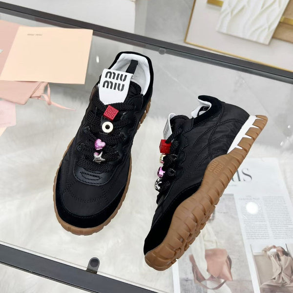 Miu TYRE Sneakers with Decorative Buckle Black Suede Technical Fabric 456334