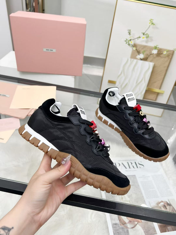 Miu TYRE Sneakers with Decorative Buckle Black Suede Technical Fabric 456334