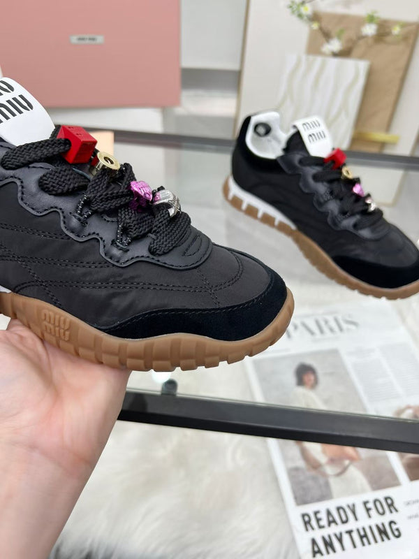 Miu TYRE Sneakers with Decorative Buckle Black Suede Technical Fabric 456334