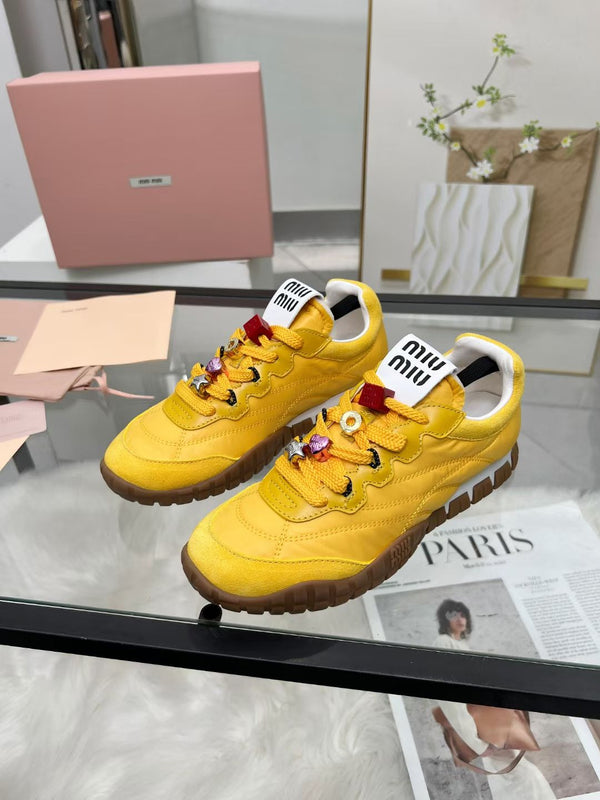 Miu TYRE Sneakers with Decorative Buckle Yellow Suede Technical Fabric 456335