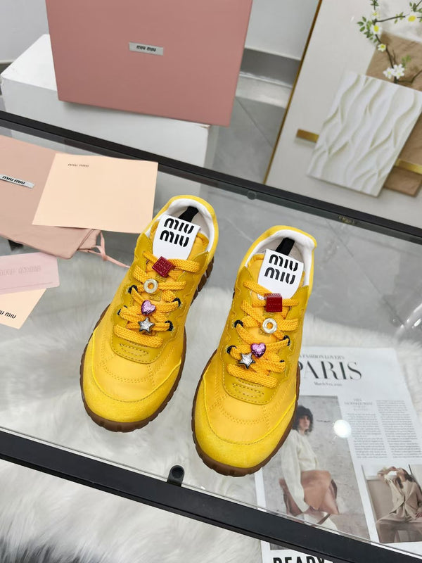 Miu TYRE Sneakers with Decorative Buckle Yellow Suede Technical Fabric 456335