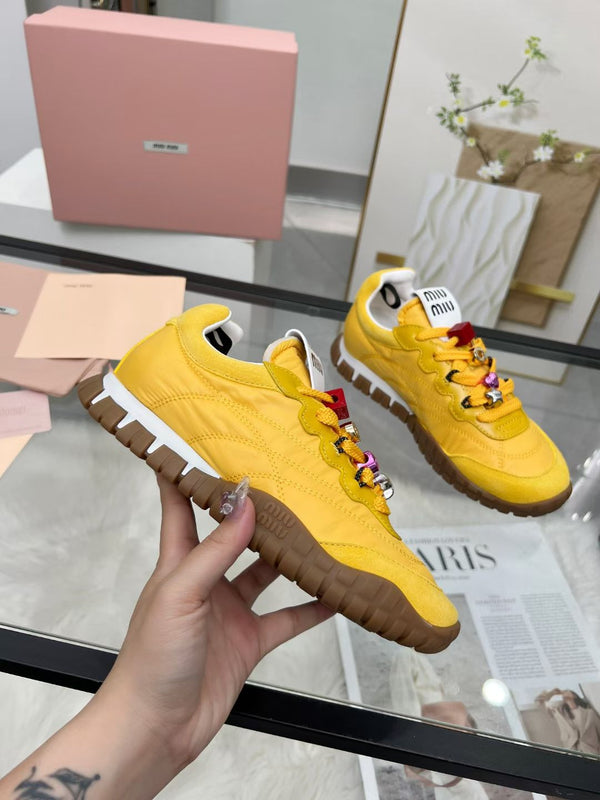 Miu TYRE Sneakers with Decorative Buckle Yellow Suede Technical Fabric 456335