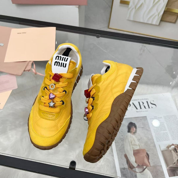 Miu TYRE Sneakers with Decorative Buckle Yellow Suede Technical Fabric 456335