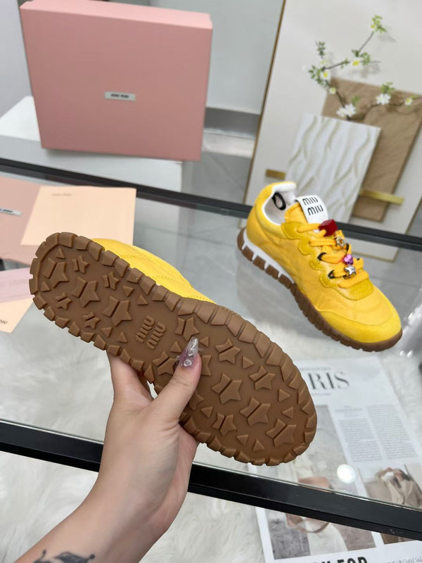 Miu TYRE Sneakers with Decorative Buckle Yellow Suede Technical Fabric 456335