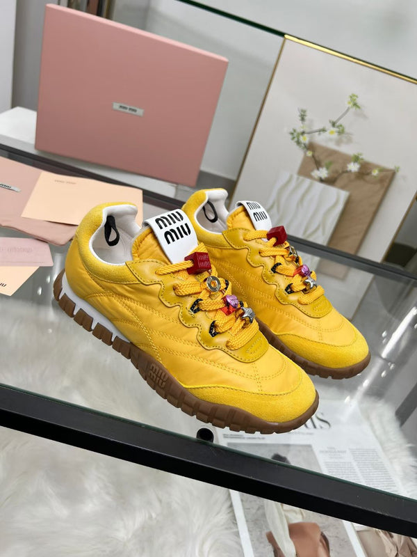 Miu TYRE Sneakers with Decorative Buckle Yellow Suede Technical Fabric 456335