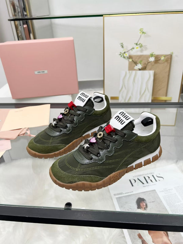 Miu TYRE Sneakers with Decorative Buckle Olive Green Suede Technical Fabric 456336