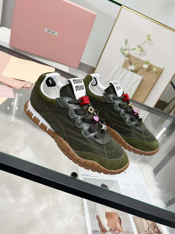 Miu TYRE Sneakers with Decorative Buckle Olive Green Suede Technical Fabric 456336
