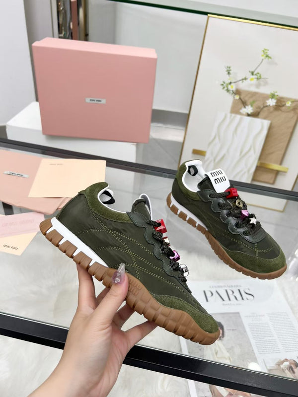 Miu TYRE Sneakers with Decorative Buckle Olive Green Suede Technical Fabric 456336