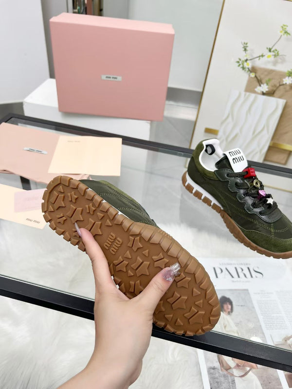Miu TYRE Sneakers with Decorative Buckle Olive Green Suede Technical Fabric 456336