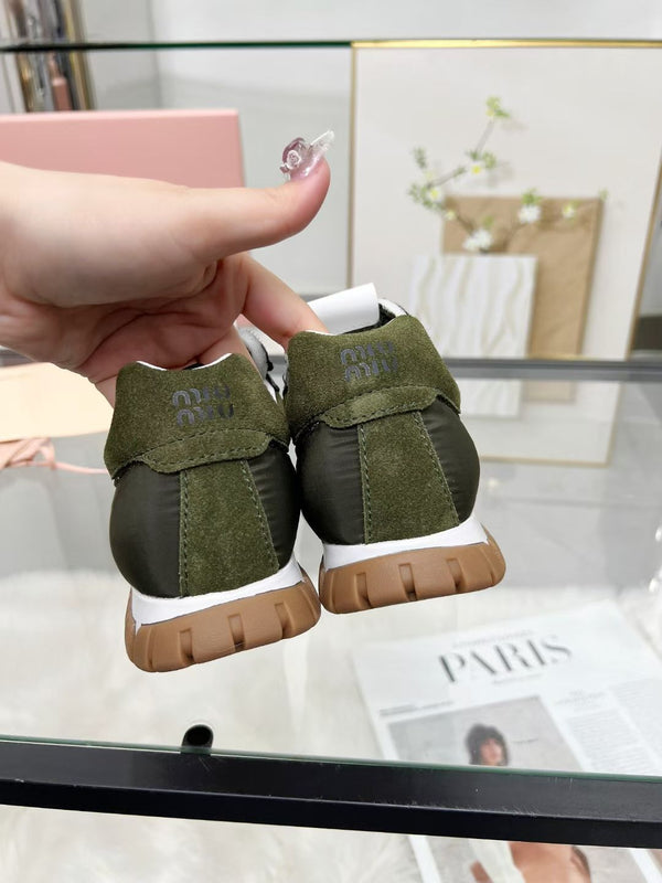 Miu TYRE Sneakers with Decorative Buckle Olive Green Suede Technical Fabric 456336