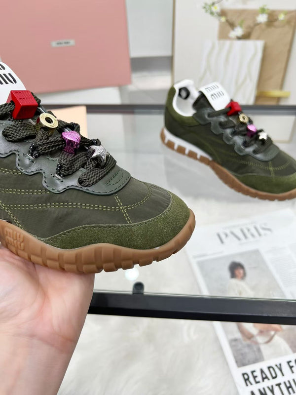 Miu TYRE Sneakers with Decorative Buckle Olive Green Suede Technical Fabric 456336