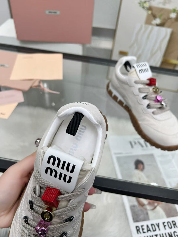 Miu TYRE Sneakers with Decorative Buckle White Suede Technical Fabric 456337