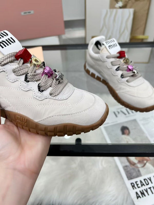 Miu TYRE Sneakers with Decorative Buckle White Suede Technical Fabric 456337