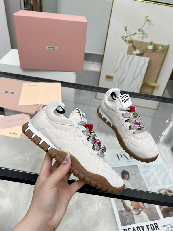 Miu TYRE Sneakers with Decorative Buckle White Suede Technical Fabric 456337