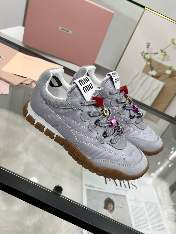 Miu TYRE Sneakers with Decorative Buckle Grey Suede Technical Fabric 456338