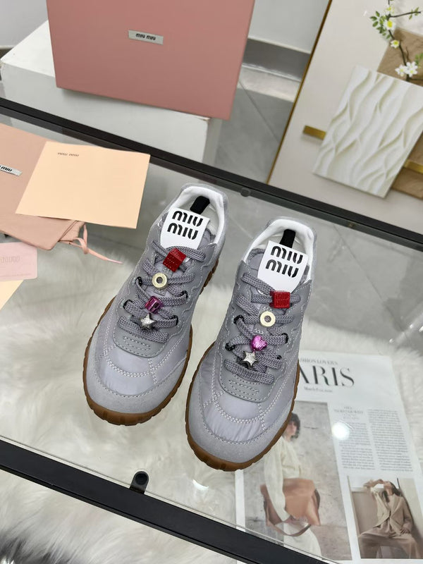 Miu TYRE Sneakers with Decorative Buckle Grey Suede Technical Fabric 456338