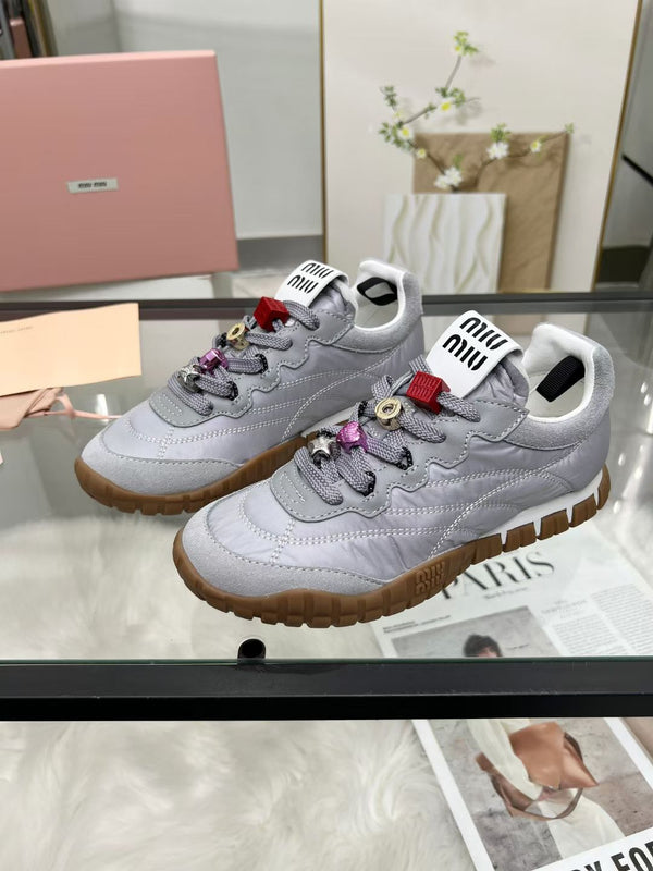 Miu TYRE Sneakers with Decorative Buckle Grey Suede Technical Fabric 456338