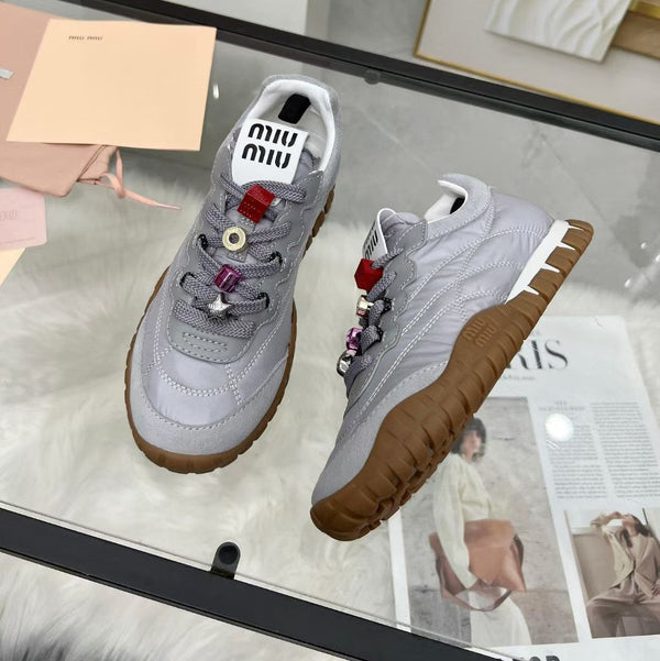 Miu TYRE Sneakers with Decorative Buckle Grey Suede Technical Fabric 456338