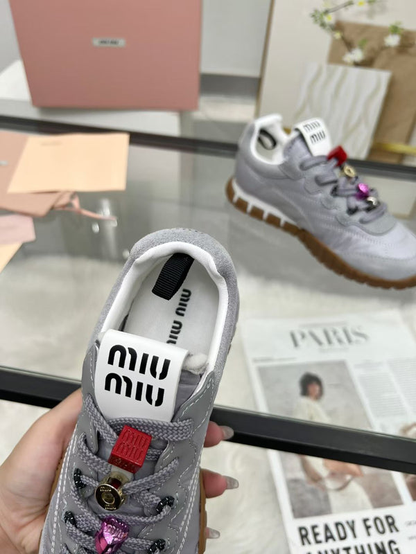 Miu TYRE Sneakers with Decorative Buckle Grey Suede Technical Fabric 456338