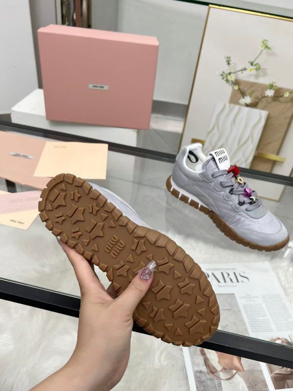 Miu TYRE Sneakers with Decorative Buckle Grey Suede Technical Fabric 456338