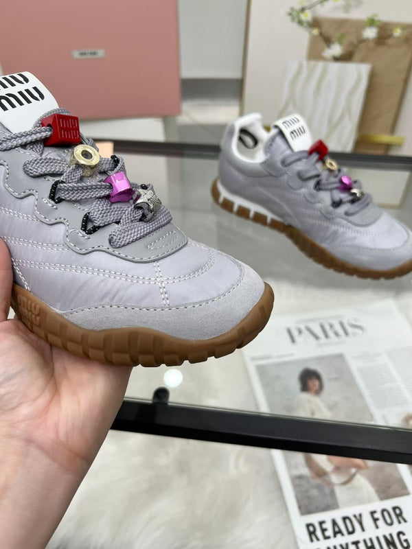 Miu TYRE Sneakers with Decorative Buckle Grey Suede Technical Fabric 456338
