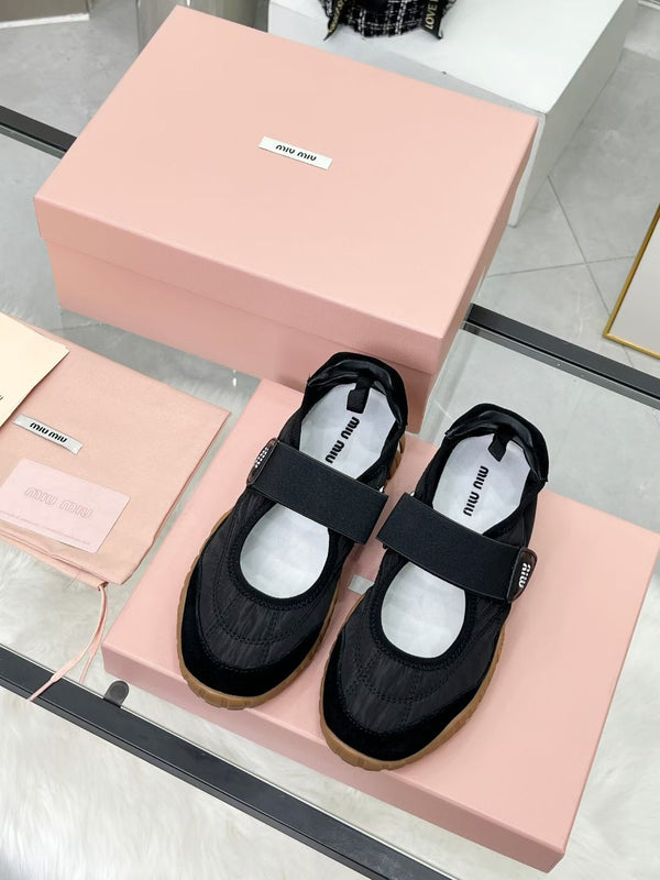 Miu Tyre Ballerina Shoes Black Suede Fabric 456339