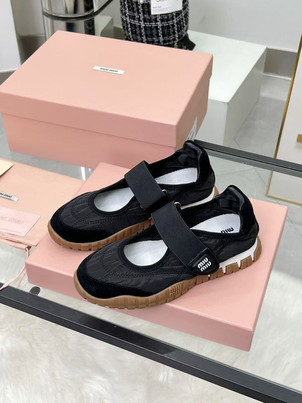 Miu Tyre Ballerina Shoes Black Suede Fabric 456339