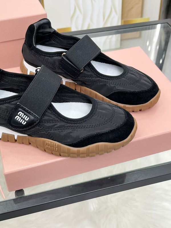 Miu Tyre Ballerina Shoes Black Suede Fabric 456339