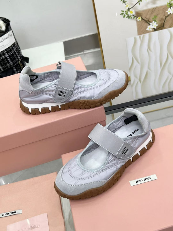 Miu Tyre Ballerina Shoes Grey Suede Fabric 456342