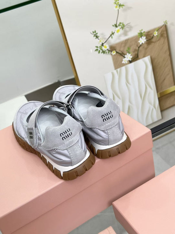 Miu Tyre Ballerina Shoes Grey Suede Fabric 456342