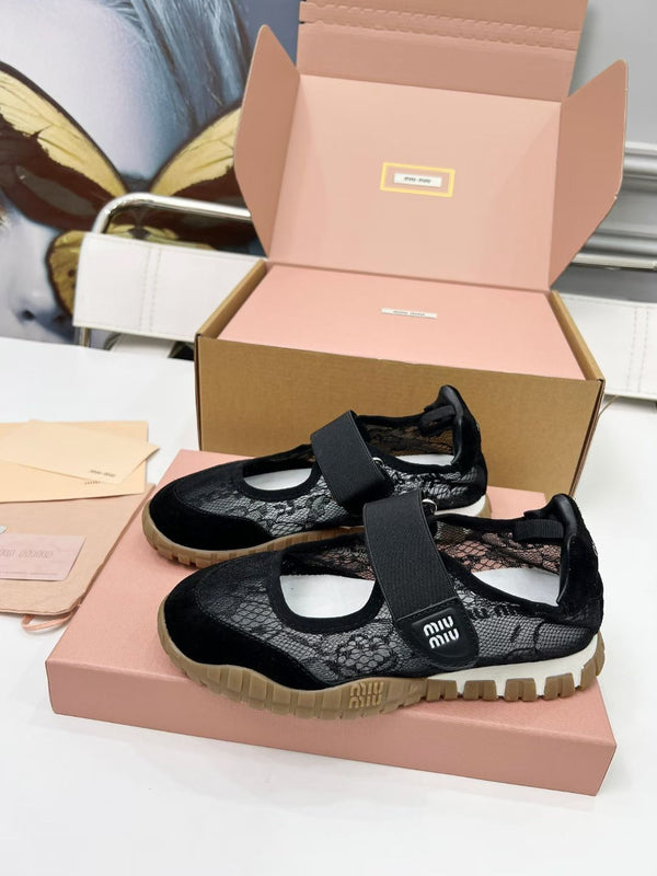 Miu Tyre Ballerina Shoes Black Suede Lace 456344