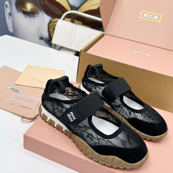 Miu Tyre Ballerina Shoes Black Suede Lace 456344