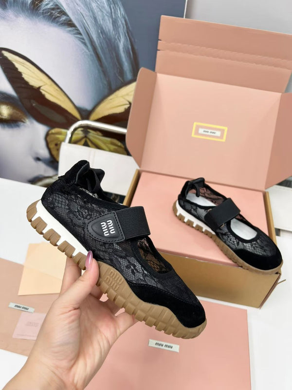 Miu Tyre Ballerina Shoes Black Suede Lace 456344