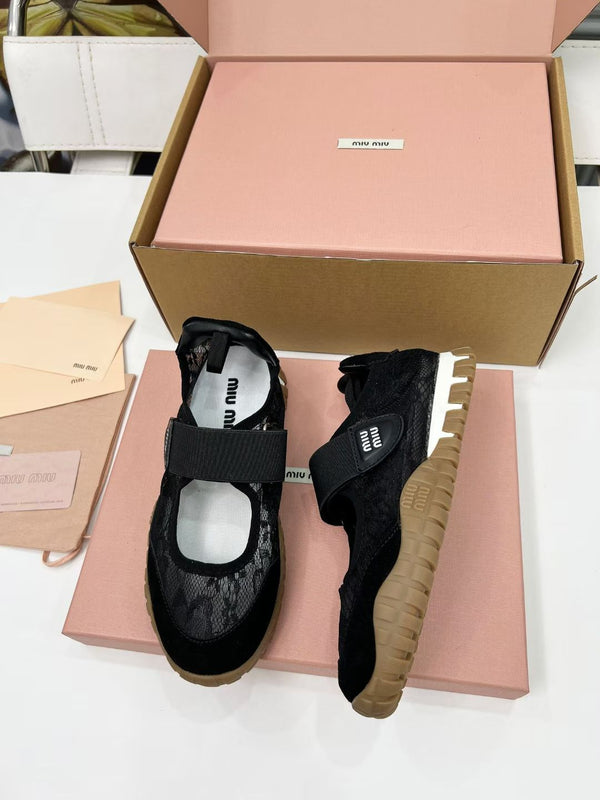 Miu Tyre Ballerina Shoes Black Suede Lace 456344