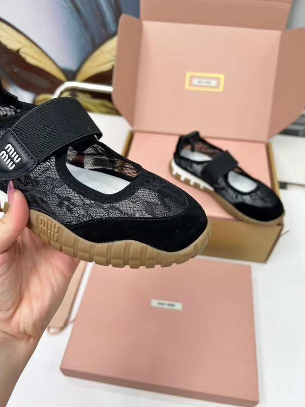 Miu Tyre Ballerina Shoes Black Suede Lace 456344